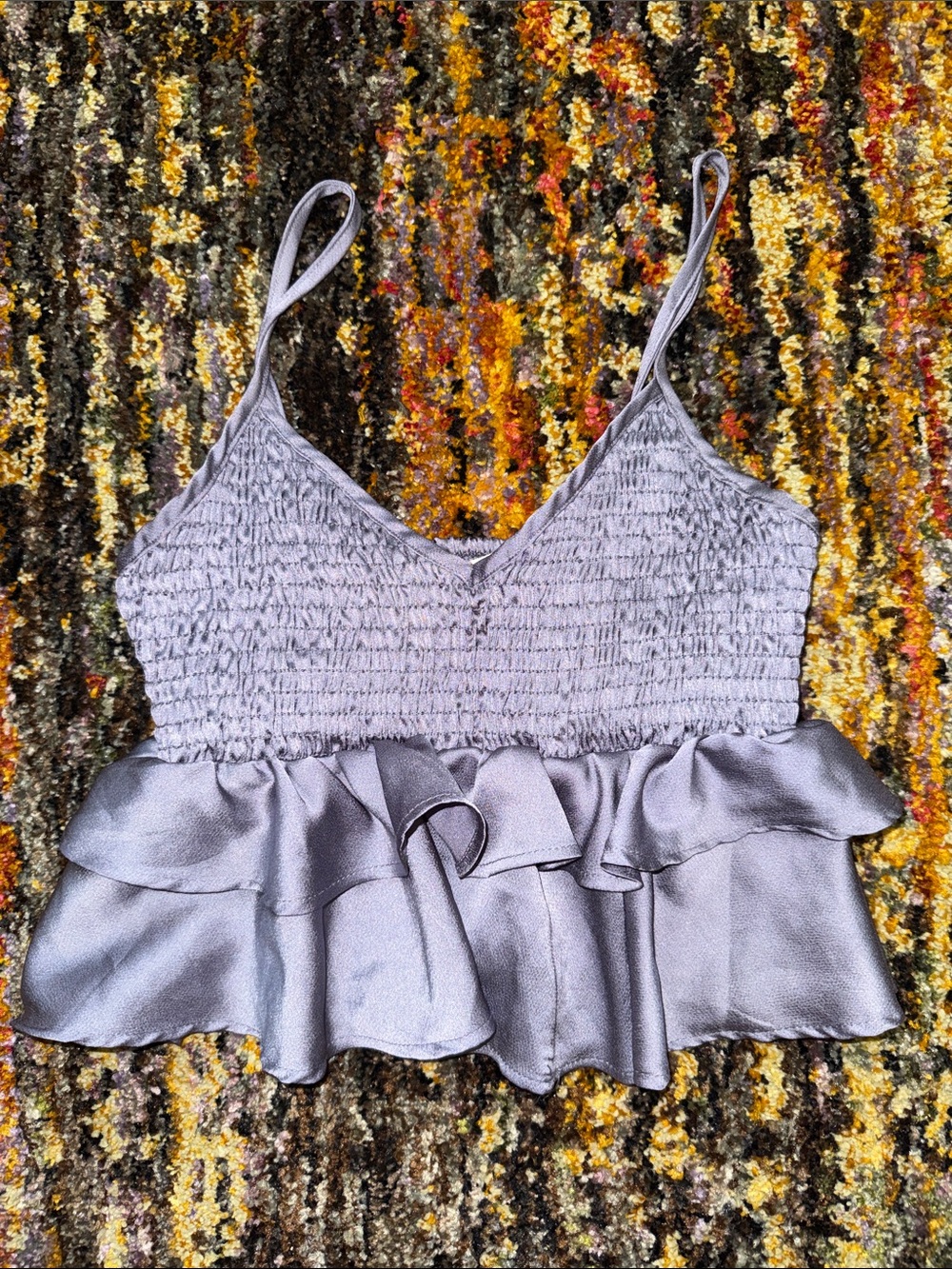 Altar'd State Silver Satin Smocked Ruffle Cami XS